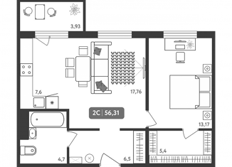 Продается 2-ком. квартира, 56.3 м2, посёлок Садовый