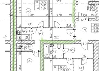 Продается двухкомнатная квартира, 59.24 м2, Тамбов, Кавказская улица, 1Б, Советский район