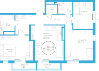 Продаю 3-ком. квартиру, 86.28 м2, Тюмень, улица Вице-адмирала Воронцова, 5, ЖК Первая линия. Гавань