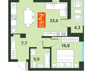 Продам двухкомнатную квартиру, 51.4 м2, Новосибирск, Тайгинская улица, 39