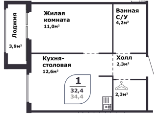 Однокомнатная квартира на продажу, 34 м2, посёлок Терема, улица Ломоносова, 22