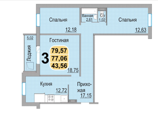 Трехкомнатная квартира на продажу, 76.6 м2, Новосибирск, Кировский район, улица Петухова, 12/5