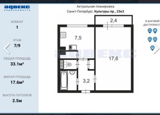 Продажа 1-комнатной квартиры, 33.1 м2, Санкт-Петербург, проспект Культуры, 25к3, муниципальный округ Северный