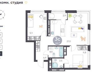 3-ком. квартира на продажу, 65.1 м2, Новосибирск, 1-я Чулымская улица, с19, 1-я Чулымская улица