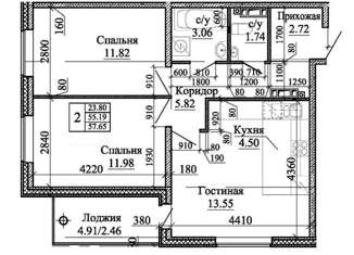 2-ком. квартира на продажу, 55.19 м2, Колпино, Понтонный проезд, 6