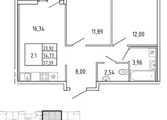 Продажа двухкомнатной квартиры, 54.3 м2, Ленинградская область, улица Первых, 4к3