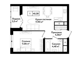 1-комнатная квартира на продажу, 40.38 м2, Тула, ЖК Фамилия, Филимоновская улица, 24к4