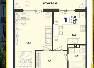 Продаю 1-ком. квартиру, 44.6 м2, Краснодар, улица Западный Обход, 42к6, ЖК Спортивная деревня