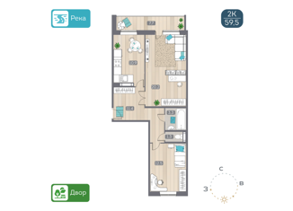 Продается 2-комнатная квартира, 59.5 м2, Новосибирск, Междуреченская улица, 7/1