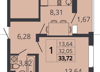 1-комнатная квартира на продажу, 33.72 м2, посёлок Знаменский