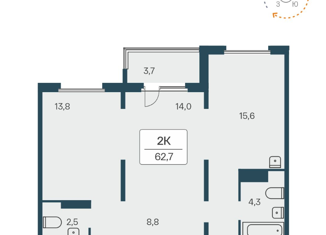 2-комнатная квартира на продажу, 62.7 м2, посёлок Озёрный, Кедровая улица, 80/1