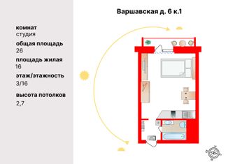 Квартира на продажу студия, 26 м2, Санкт-Петербург, Варшавская улица, 6к1, ЖК Московский Квартал