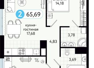 Двухкомнатная квартира на продажу, 65.69 м2, деревня Дударева, улица Сергея Джанбровского, 17к1