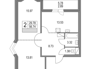 Продажа 2-комнатной квартиры, 56.74 м2, Санкт-Петербург, Коломяжский проспект, 13Д