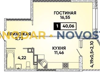 Однокомнатная квартира на продажу, 42 м2, Краснодар, Домбайская улица, 63, Домбайская улица