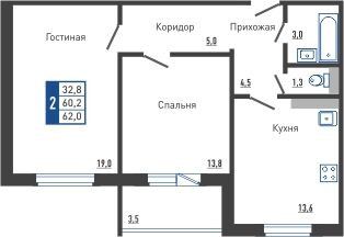 Продается 2-комнатная квартира, 62.2 м2, Орловская область, Прожекторная улица, 2
