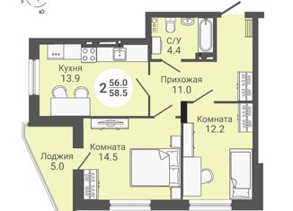 2-комнатная квартира на продажу, 58.2 м2, Новосибирск, Кировский район, улица Петухова, 168с2
