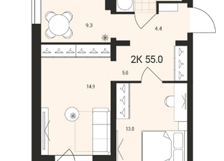 Двухкомнатная квартира на продажу, 55 м2, Обь, Геодезическая улица, 6Вк1