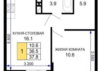 Продается 1-комнатная квартира, 37.75 м2, Краснодар, улица Лётчика Позднякова, 2к16, ЖК Дыхание