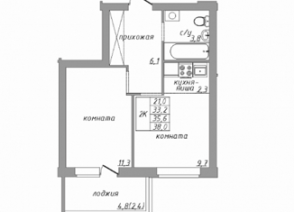 2-комнатная квартира на продажу, 38 м2, Барнаул, ЖК Мирный, улица Советской Армии, 75к1