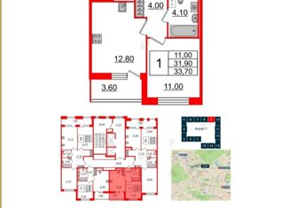 1-комнатная квартира на продажу, 33.7 м2, Санкт-Петербург, Манчестерская улица, 3, ЖК Светлана Парк