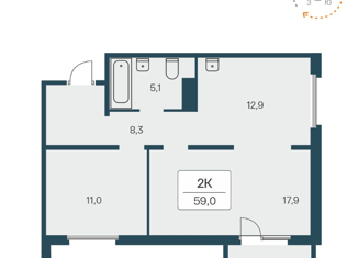 2-ком. квартира на продажу, 59 м2, посёлок Озёрный, Кедровая улица, 80/1