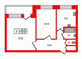 Продается 2-ком. квартира, 45.4 м2, Санкт-Петербург, Поэтический бульвар, 3, метро Проспект Просвещения