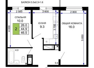 Продаю 2-комнатную квартиру, 46 м2, Краснодар, Домбайская улица, 55к5