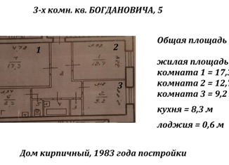 Продам трехкомнатную квартиру, 61.2 м2, Ярославль, улица Богдановича, 5, Кировский район