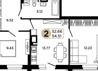Продаю 2-комнатную квартиру, 52.66 м2, Самара, Московское шоссе, 18-й километр, 45, ЖК Рассвет
