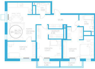 Продажа 3-ком. квартиры, 85.79 м2, Тюмень, улица Вице-адмирала Воронцова, 5, ЖК Первая линия. Гавань
