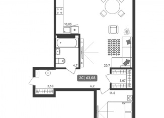 2-ком. квартира на продажу, 63 м2, посёлок Садовый
