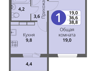 Продам 1-комнатную квартиру, 38.9 м2, Орёл, Зареченская улица, 6к2