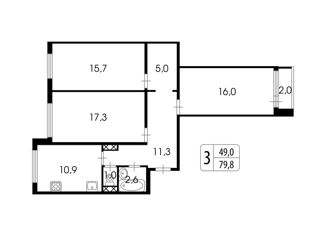 3-комнатная квартира на продажу, 79.8 м2, Санкт-Петербург, Белградская улица, 52к2, метро Проспект Славы