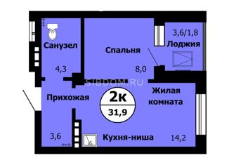 Продается двухкомнатная квартира, 32.4 м2, Красноярск, ЖК Серебряный, улица Вильского, 34