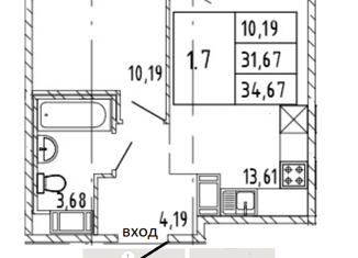 Продам 1-комнатную квартиру, 34.67 м2, поселок Бугры, ЖК Новые Горизонты, Тихая улица, 3к7