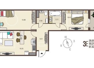 Двухкомнатная квартира на продажу, 61 м2, село Новая Усмань, бульвар Художников, 2А