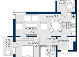 Продам трехкомнатную квартиру, 51.4 м2, Барнаул, Павловский тракт, 307к3, ЖК Nord