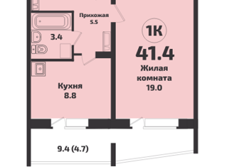 Продам 1-комнатную квартиру, 41.4 м2, посёлок Садовый, микрорайон Приозёрный, 714