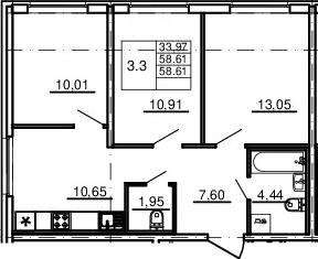Продам трехкомнатную квартиру, 59 м2, поселок Бугры, ЖК Новые Горизонты