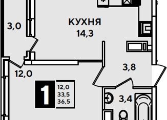 Продается 1-комнатная квартира, 37 м2, Краснодар, улица Ивана Беличенко, 85, ЖК Самолёт-3