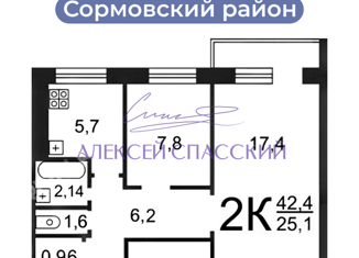 Продаю двухкомнатную квартиру, 41.8 м2, Нижегородская область, улица Станиславского, 42