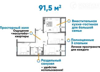3-комнатная квартира на продажу, 91 м2, Новороссийск, улица Куникова, 55к1, ЖК Облака
