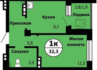 1-комнатная квартира на продажу, 32.7 м2, Красноярск, Лесопарковая улица, 41, ЖК Серебряный