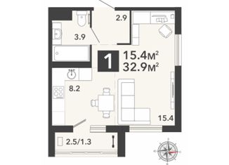 1-ком. квартира на продажу, 32.9 м2, Пенза, жилой комплекс Новелла, с5, район Заводской