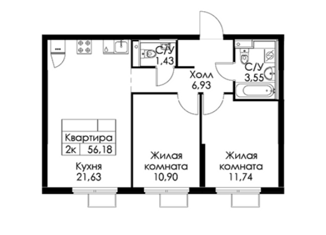 Продается 2-комнатная квартира, 56.18 м2, деревня Новое Девяткино, ЖК Заречный Парк