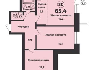 Трехкомнатная квартира на продажу, 65.4 м2, посёлок Садовый, микрорайон Приозёрный, 715