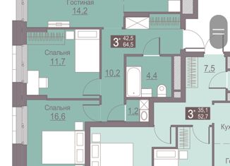 Продается трехкомнатная квартира, 64 м2, Пермь, ЖК Погода, Сапфирная улица, 13