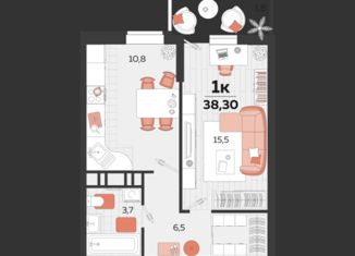 Продажа 1-ком. квартиры, 38.3 м2, Краснодар, улица им. Героя Яцкова И.В., 13, микрорайон Губернский