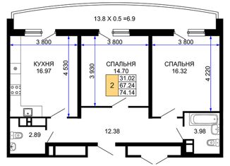 Продажа двухкомнатной квартиры, 74.1 м2, Краснодар, улица Петра Метальникова, 38, микрорайон имени Евгении Жигуленко